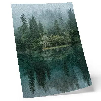 Premium wall art green forest with a foggy reflection in the water