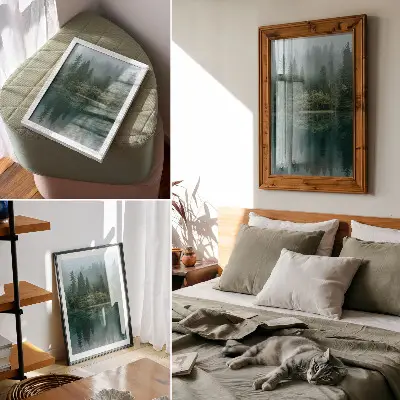 Premium wall art green forest with a foggy reflection in the water