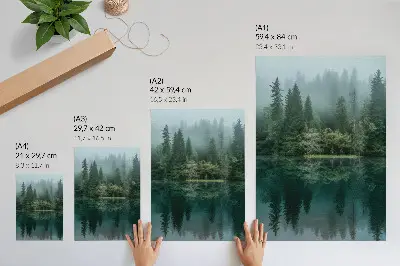 Premium wall art green forest with a foggy reflection in the water