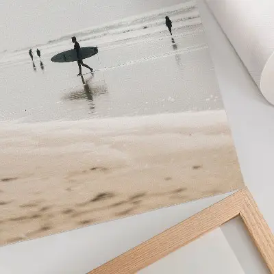 Art print surfer walking on the beach carrying a board