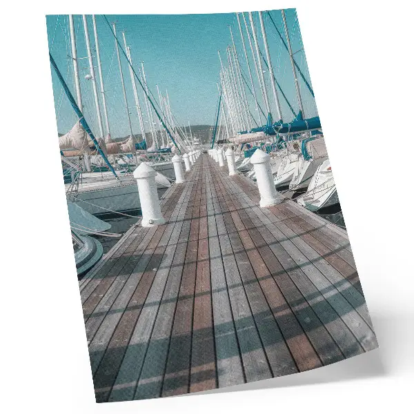 Art print marina yachts at a jetty under a symmetrical blue sky