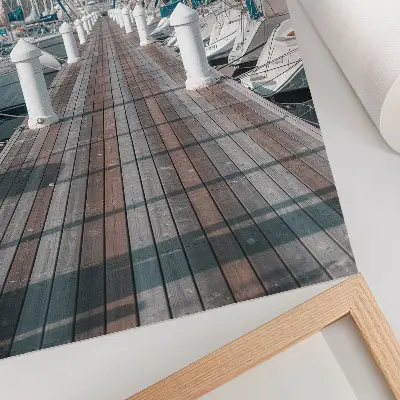 Art print marina yachts at a jetty under a symmetrical blue sky