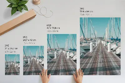 Art print marina yachts at a jetty under a symmetrical blue sky