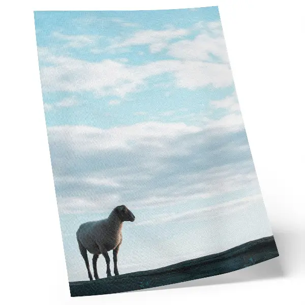 Decorative poster featuring a peaceful sky with white clouds and sheep