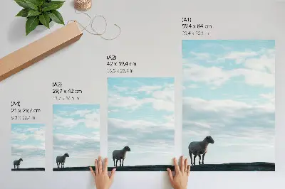 Decorative poster featuring a peaceful sky with white clouds and sheep