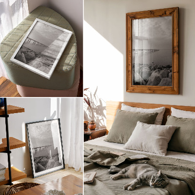 Premium wall art Peaceful landscape, bridge, rocky beach, gray sky