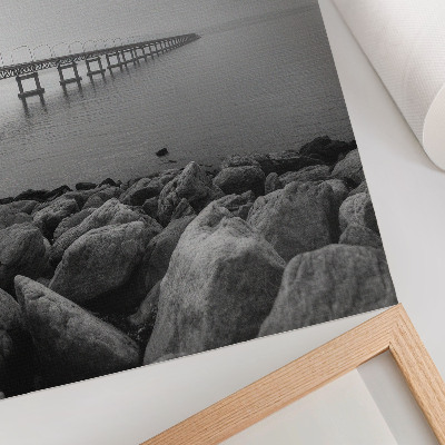 Premium wall art Peaceful landscape, bridge, rocky beach, gray sky