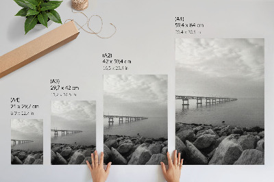 Premium wall art Peaceful landscape, bridge, rocky beach, gray sky