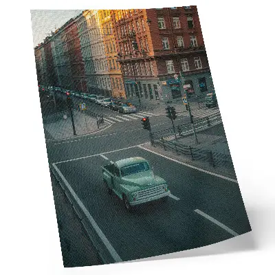Art print featuring a retro car parked in front of tenement houses at sunset