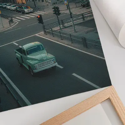 Art print featuring a retro car parked in front of tenement houses at sunset