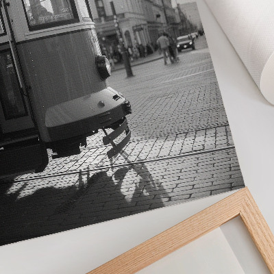 Art print Black and white tram in the city center