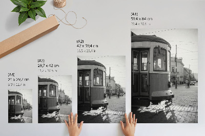 Art print Black and white tram in the city center