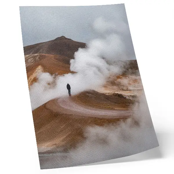 Premium wall art brown mountains with steaming mists and a lonely wanderer in a landscape