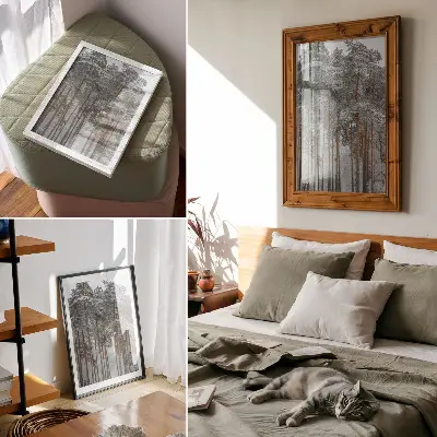 Art print featuring a peaceful snowy winter forest with pine trees