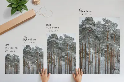 Art print featuring a peaceful snowy winter forest with pine trees