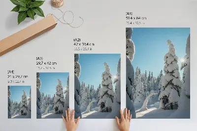 Art print snow-covered trees under a sunny blue sky