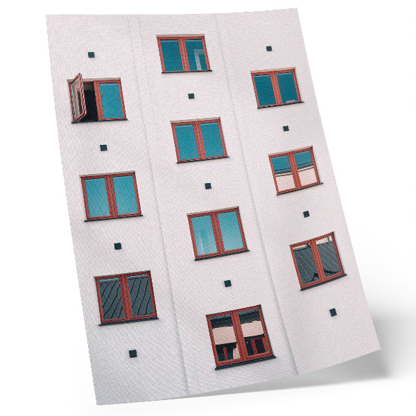 Decorative poster Orange frames, blue windows, white facade
