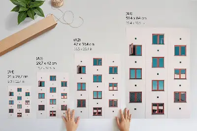Decorative poster orange frames, blue windows, and white facade