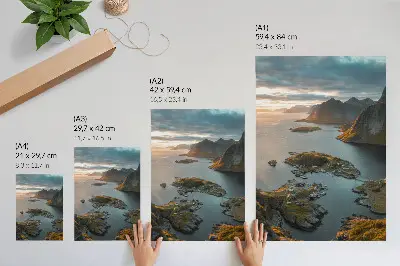Art print sunset mountains and seaside village