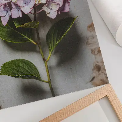 Decorative poster pink hydrangea with green leaves on a rustic background