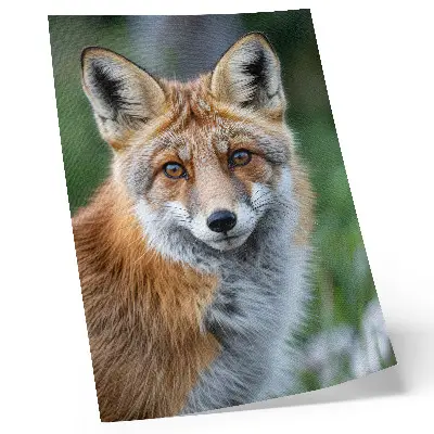 Fox portrait poster with warm shades on a green background