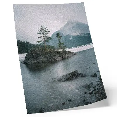 Art print featuring mountains, lake, and fog for a peaceful nature theme