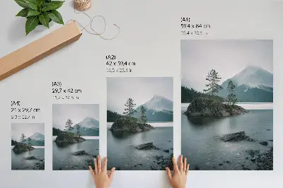 Art print featuring mountains, lake, and fog for a peaceful nature theme