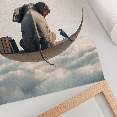 Premium wall art Elephant on a crescent moon with books in the clouds