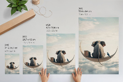 Premium wall art Elephant on a crescent moon with books in the clouds