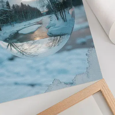 Winter landscape decorative poster with blue reflections of trees