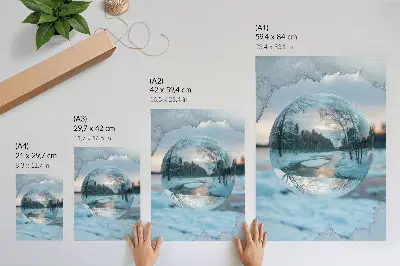Winter landscape decorative poster with blue reflections of trees