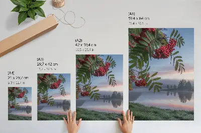 Art print featuring a delicate morning fog over a lake with rowan trees