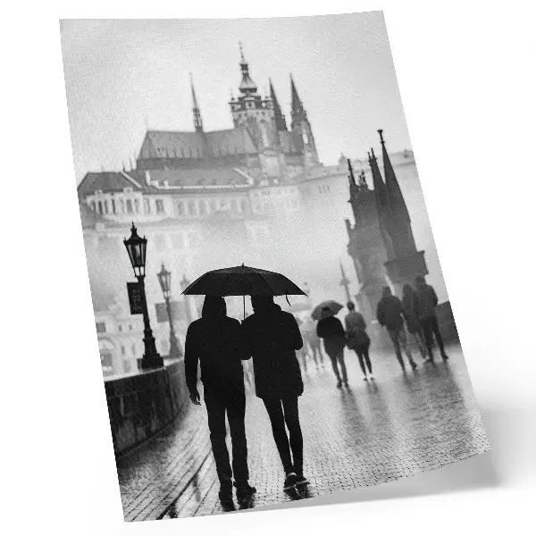 Art print a couple walking in the rain with historic architecture
