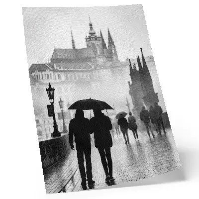 Art print a couple walking in the rain with historic architecture