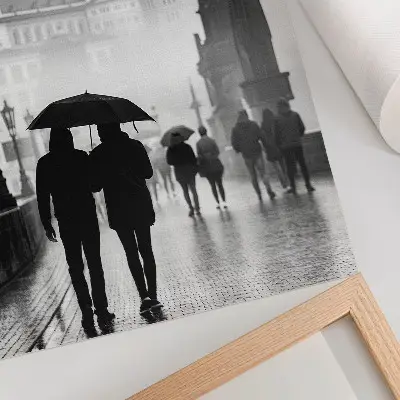 Art print a couple walking in the rain with historic architecture