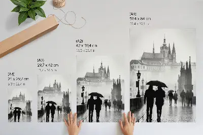 Art print a couple walking in the rain with historic architecture
