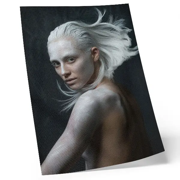 Decorative poster with dark background and delicate white hair focus