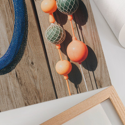 Decorative poster Colorful buoys, wooden wall, sea accents