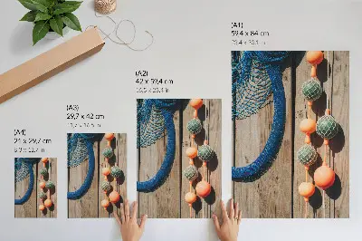 Decorative poster colorful buoys on a wooden wall with sea accents