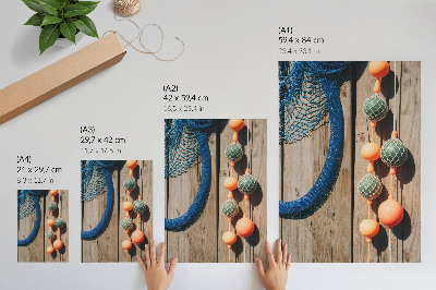 Decorative poster Colorful buoys, wooden wall, sea accents