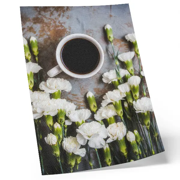 Art print featuring a cup of coffee and white carnations