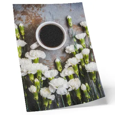 Art print featuring a cup of coffee and white carnations