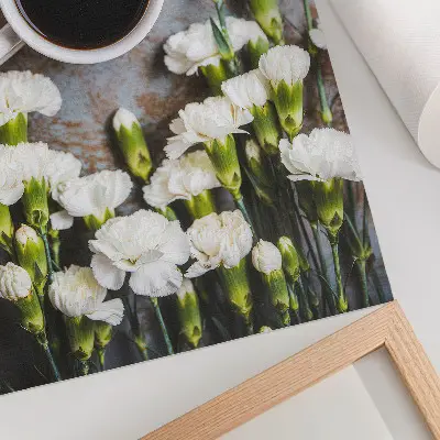 Art print featuring a cup of coffee and white carnations