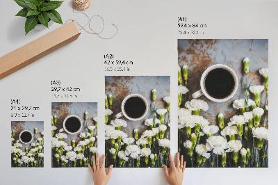 Art print A cup of coffee and white carnation flowers