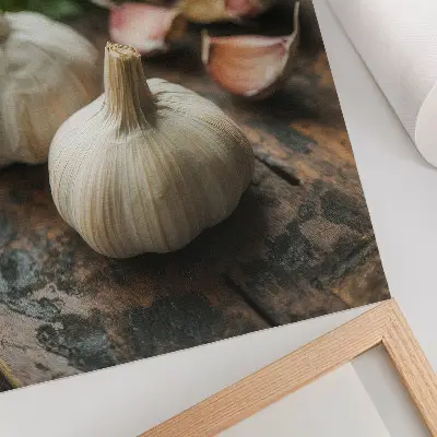 Poster garlic on a rustic wooden background