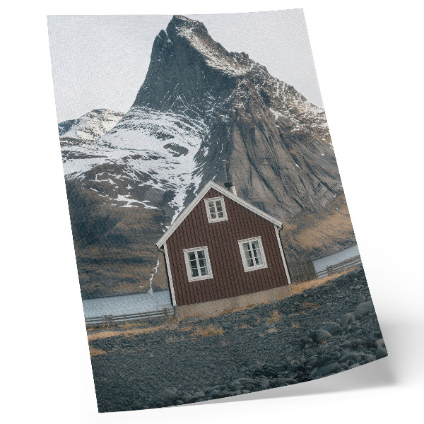 Art print Mountain landscape, wooden house, snowy peaks