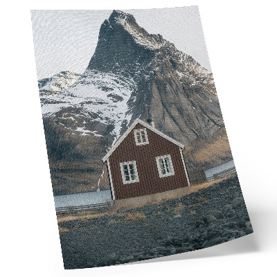 Art print Mountain landscape, wooden house, snowy peaks