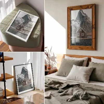 Art print mountain landscape with a wooden house and snowy peaks