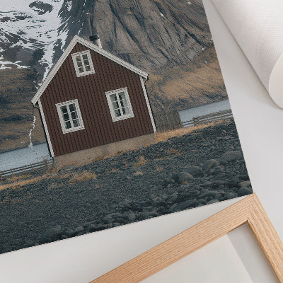 Art print Mountain landscape, wooden house, snowy peaks