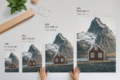 Art print Mountain landscape, wooden house, snowy peaks